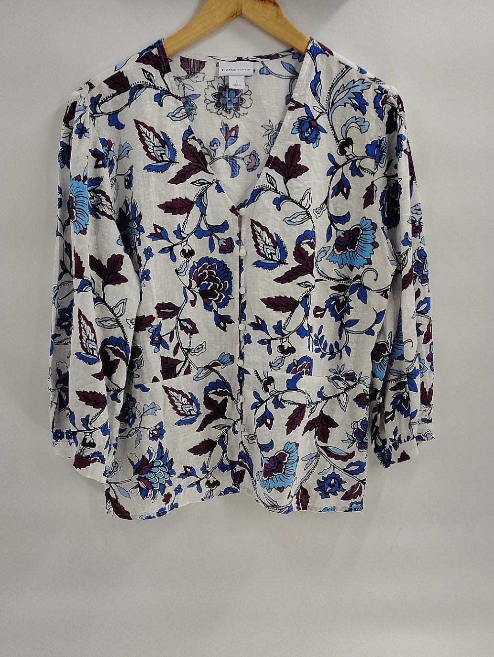 Liz Claiborne Button Down Blouse Size Large Purple Blue Floral Print 3/4 Sleeves